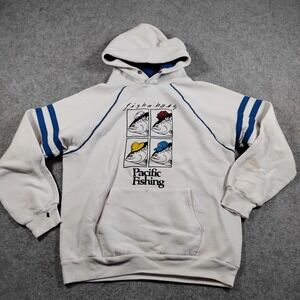 Vintage Jerzees Pacific Fishing Hoodie Mens Medium White Fish‎ In Hats 80s USA